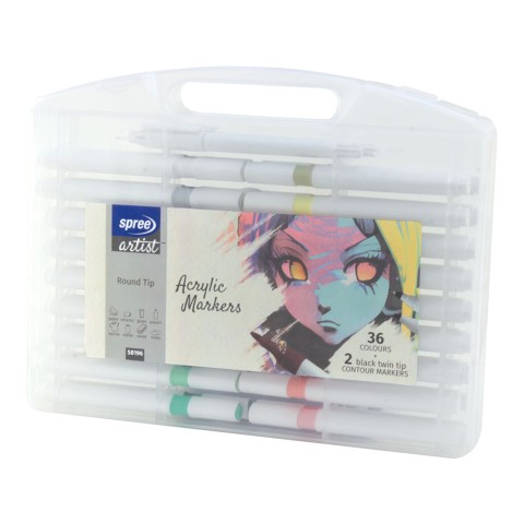 Spree Acrylic Pens 4mm Round Tip 36 Colour Set plus 2 x...