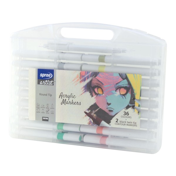 Spree Acrylic Pens 4mm Round Tip 36 Colour Set...