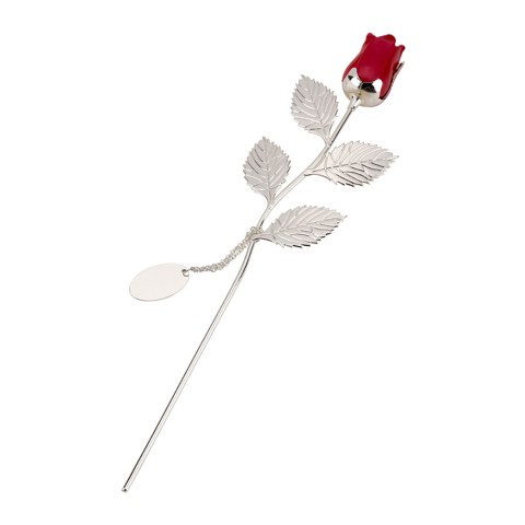 Silver Plated Rose With Red Bud And Oval Engraving Tag