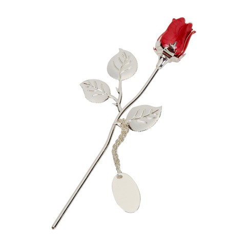 Small Silver Plated Rose With Red Bud And Oval Engraving Tag