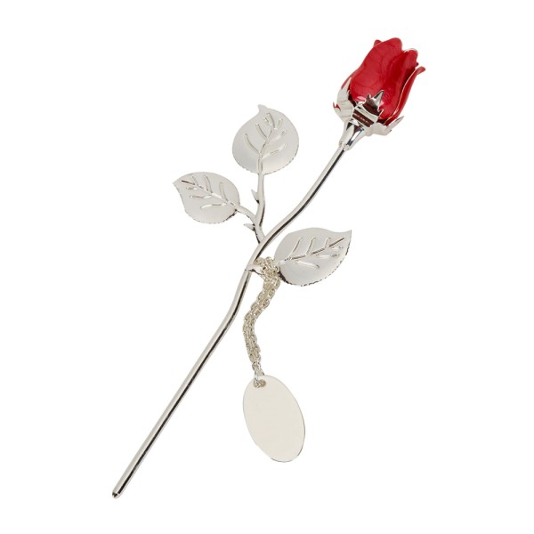Small Silver Plated Rose With Red Bud And Oval...