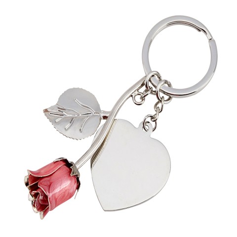 Silver Plated Pink Rose Keyring and Heart Engraving Tag