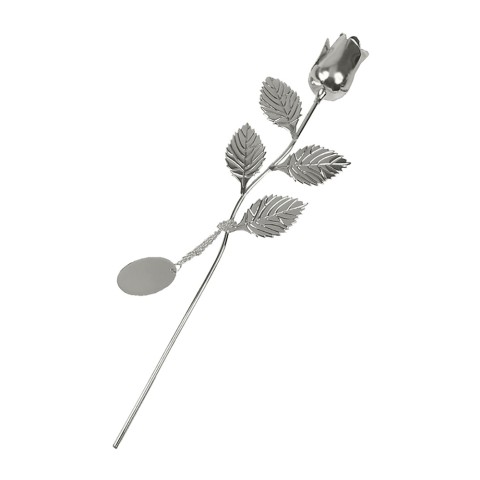Silver Plated Rose With Silver Bud And Oval Engraving Tag