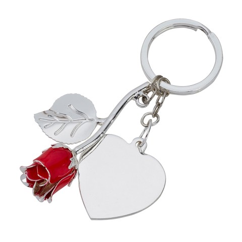 Silver Plated Red Rose Keyring and Heart Engraving Tag